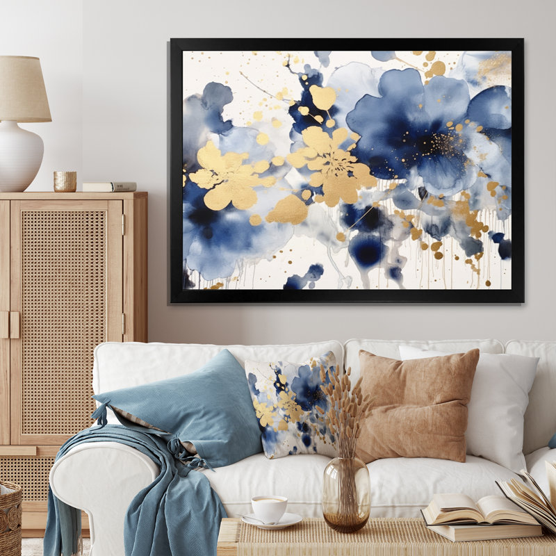 Fleurs bleues et lilas sur toile, H 12 po x l 20 po x P 1 po, Cadre photo noir