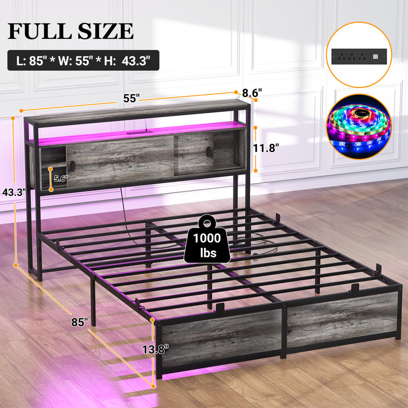 Storage Bed with Sliding Doors, LED Lights & USB Charging Station, Full, Gray
