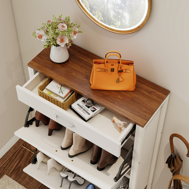 Armoire à chaussures mince avec 2 tiroirs rabattables et 1 tiroir, Blanc ancien