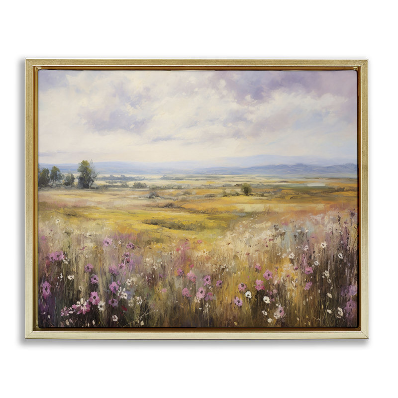 Vast Meadow with Subtle Flowers Floating Frame, design by Franklyn Gregory, 25" H x 31" W, Metallic Gold Floater Frame