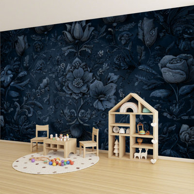 Peel and Stick Wall Mural Chiaroscuro Floral Bouquet Ornamental Detailing Indigo Shades 100"H x 144"W Self-Adhesive PVC Wallpaper for Bedroom Nursery Home Office