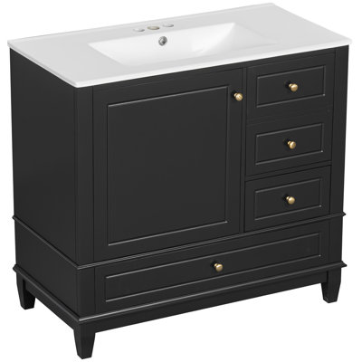 Meuble-lavabo sur pied 36 po avec lavabo en céramique, panneau de fibres à densité moyenne et base en bois, 3 tiroirs et armoire avec tablettes, finition peinte en noir, meuble-lavabo autoportant avec trous de robinet de 4 po