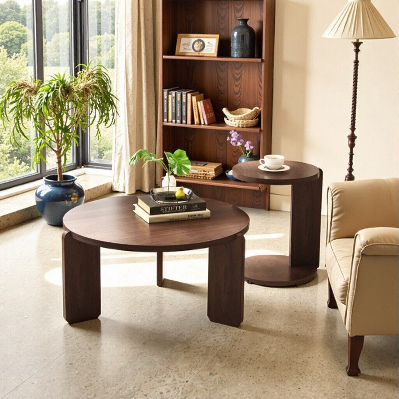 Ensemble de 2 tables basses rondes gigognes en bois avec plateau en placage de noyer pour le salon, Noyer