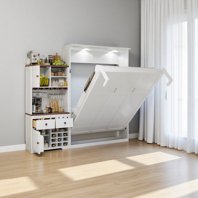 Grand lit escamotable avec armoire de rangement, support à vin, porte-verre, tiroirs et bande DEL multicolore, Blanc
