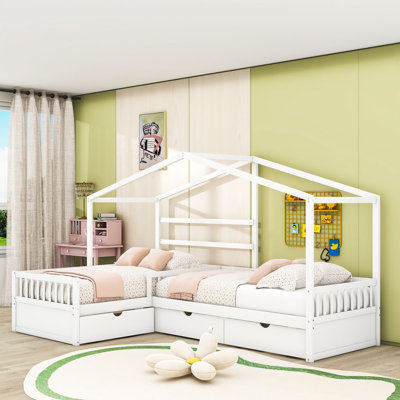 Lit plateforme simple en L en bois avec tiroirs de rangement intégrés