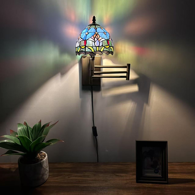 Tiffany Sconce Lamp Plug in Swing Arm Stained Glass Purple Tulips LED Bulb Included 13”W*8”D*15”H, Blue/Green/Pink