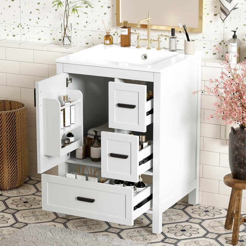 Meuble-lavabo moderne de 24 pouces avec lavabo en céramique, porte à fermeture douce, tablette de porte à double couche et 3 tiroirs