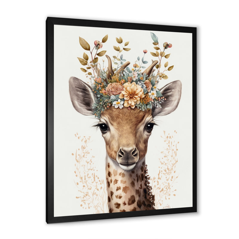Mignon bébé girafe avec couronne florale II - animaux, art mural sur toile, L 12 po x H 20 po, Cadre photo noir