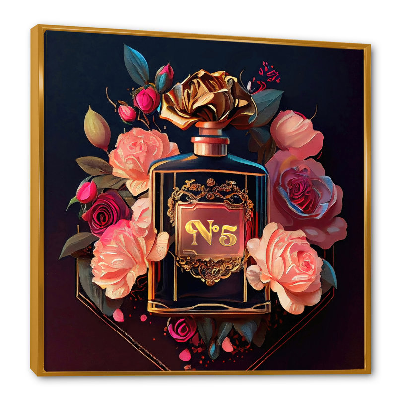 Chic bouteille de parfum avec roses roses II - art mural tendance, H 16 po x l 16 po x P 1 po, Toile avec cadre flottant or