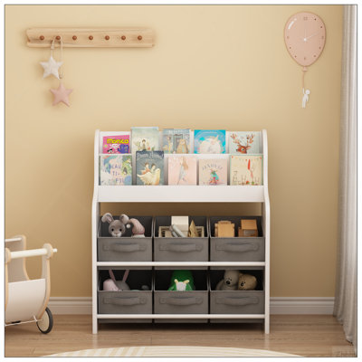 Bibliothèque pour enfants avec 6 bacs de rangement en tissu, bibliothèque pour enfants multifonctionnelle et organisateur de jouets, tablette de présentation pour salle de jeux, chambre à coucher ou chambre de bébé - blanc et gris