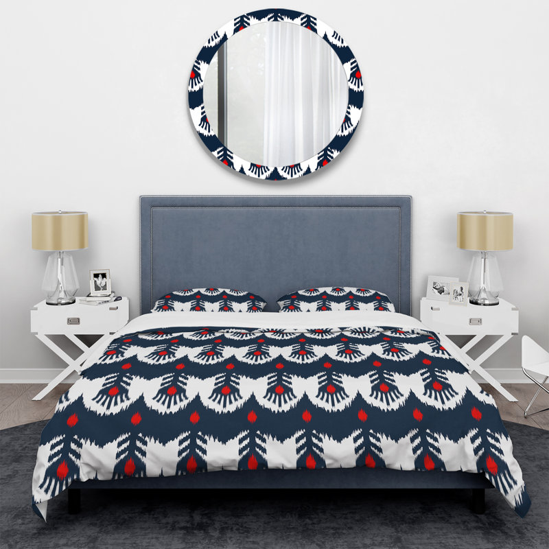 Ensemble de housse de couette en microfibre rouge / bleu / blanc Ikat Ogee, Housse de couette simple + 1 taie décorative stan
