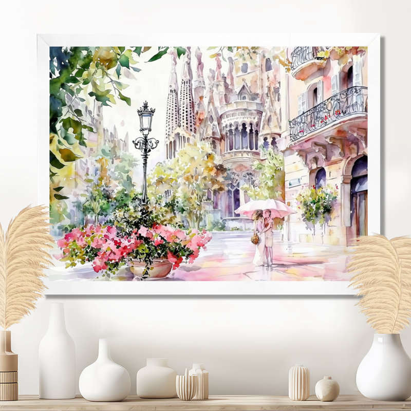«Barcelona City In Summer II», reproduction sur toile de Barcelone, H 16 po x l 32 po, Blanc