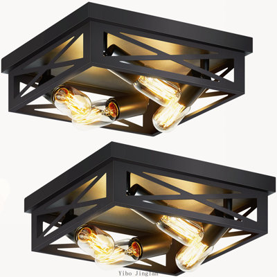 Lot de 2 plafonniers carrés encastrés de style ferme, noir mat, 4 lumières, structure géométrique en fer