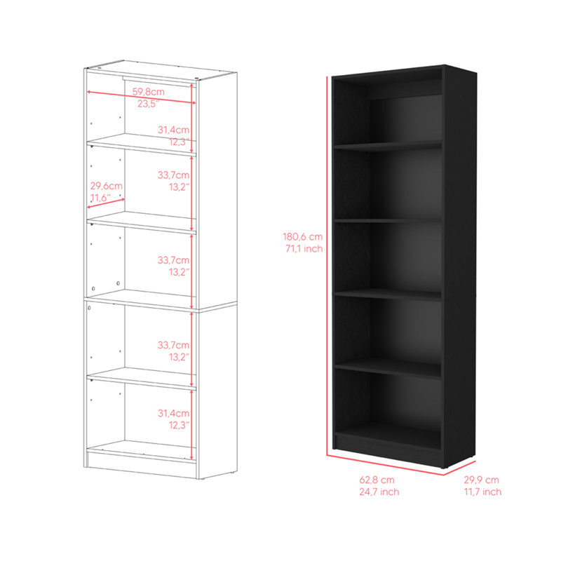 Bibliothèque à 4 tablettes, noir, bureau, Noir, (5 tablettes) H 71,1 po x l 24,7 po x P 11,7 po
