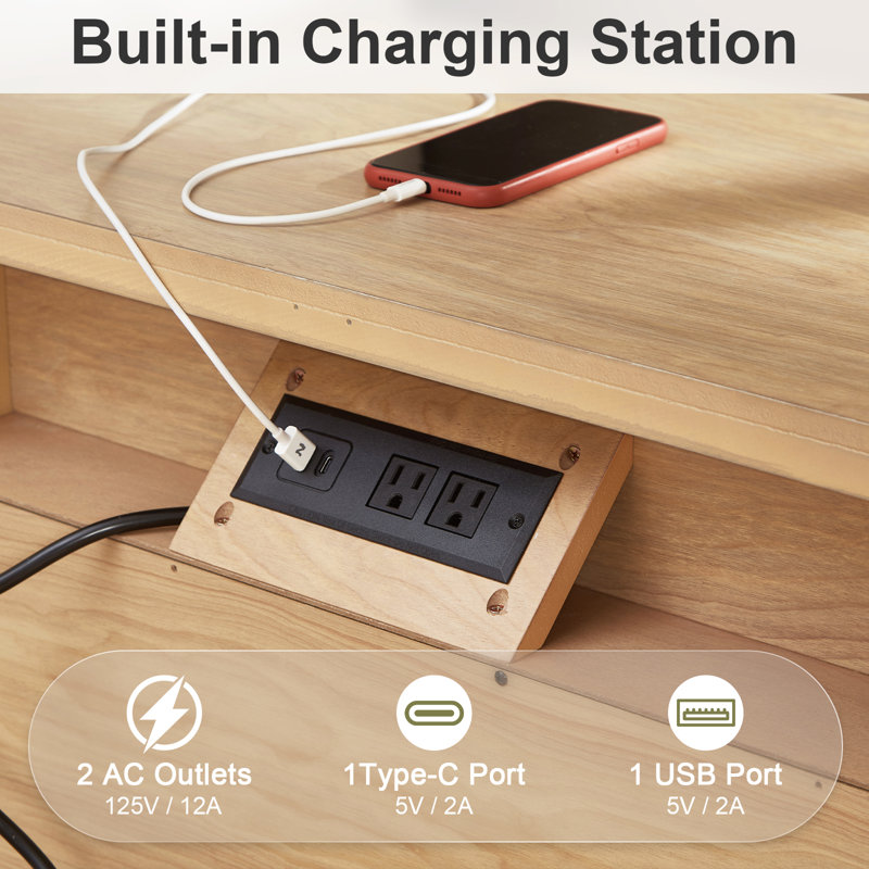 Wood Nightstand with Charging Station, 3 Drawers Bedside Table with USB, Type-C & AC Outlets, Natural
