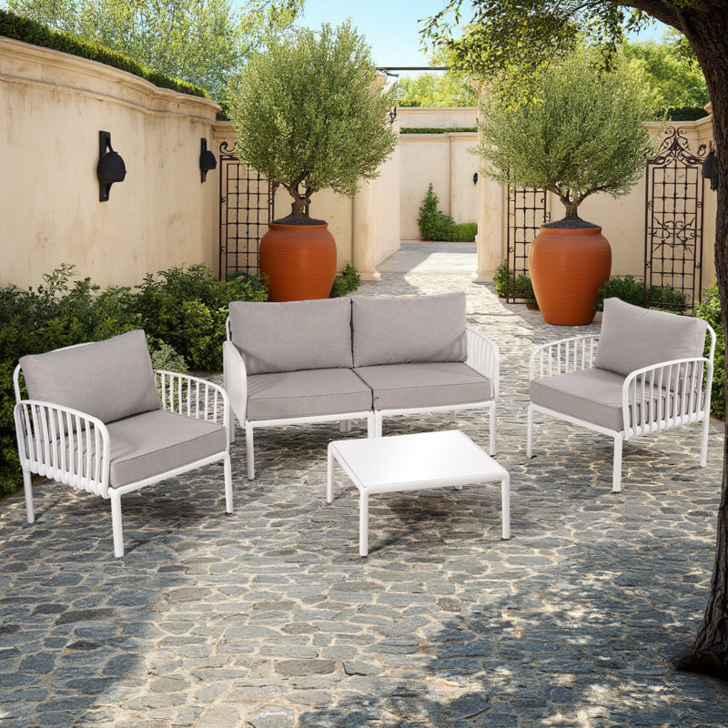 4PC Outdoor Sofa Set with Glass Coffee Table, Patio Conversation Set with Loveseat and Chairs, Light Grey, White