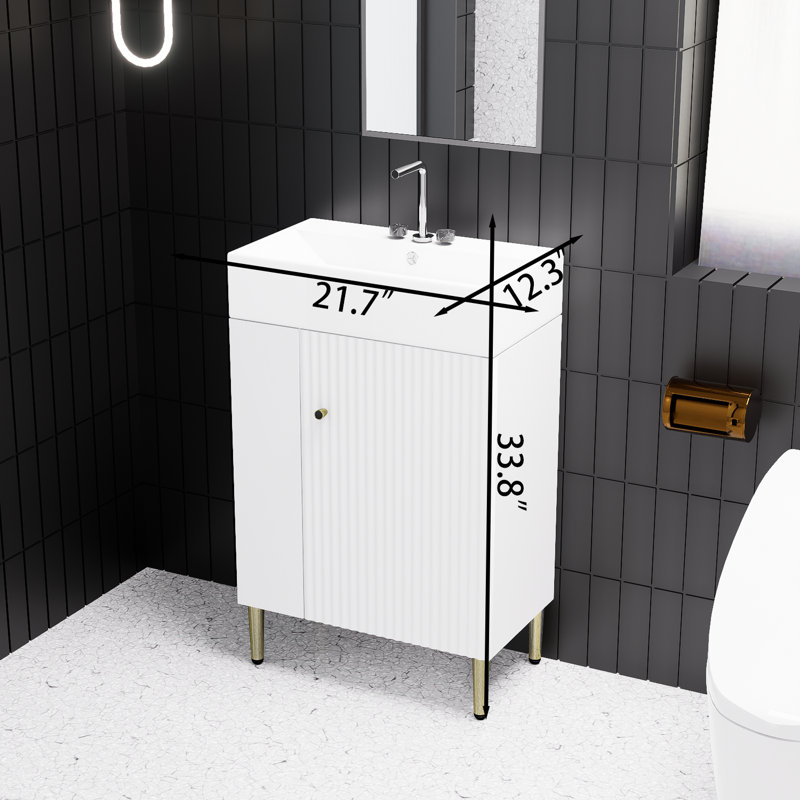 Meuble-lavabo blanc de 21 po, armoire combinée, armoire de rangement pour salle de bain, lavabo simple en céramique, rangement à gauche