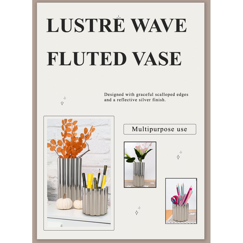 Wrought Studio™ Lustrewave Fluted Vase – Stainless Steel Decorative Centerpiece, Table Centerpiece, Perfect For Flowers, Dried Arrangements, Home Decor, Weddings, Events, 5" Diameter & 10" Tall