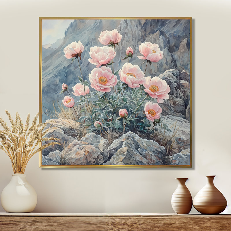 Pivoines dans le Rocky Pass I - pivoines, art mural, Impression encadrée flottante, H 16 po x l 16 po, Doré
