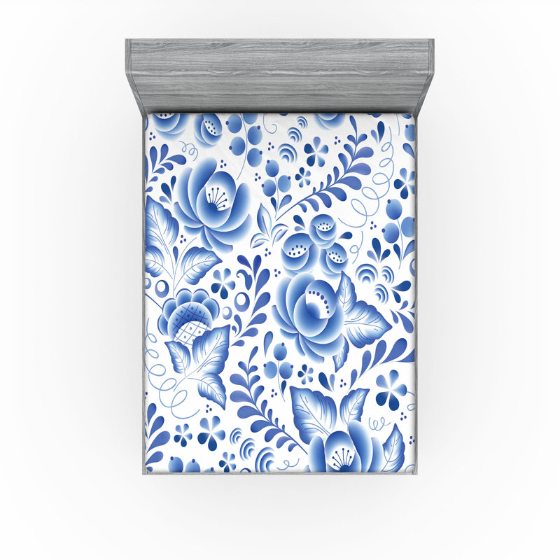 Ensemble de 2 draps-housses Ambesonne, Bleu de cobalt, blanc / floral, Drap-housse grand