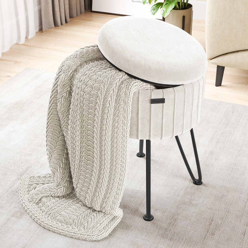 Round Pleated Velvet Ottoman with Storage, Black, White