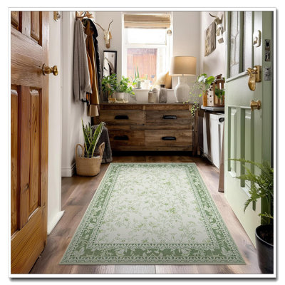 Sage Green 2X3 Washable Non-Slip Floral Rug Low-Pile Carpet For Kitchen Entryway Bathroom Farmhouse