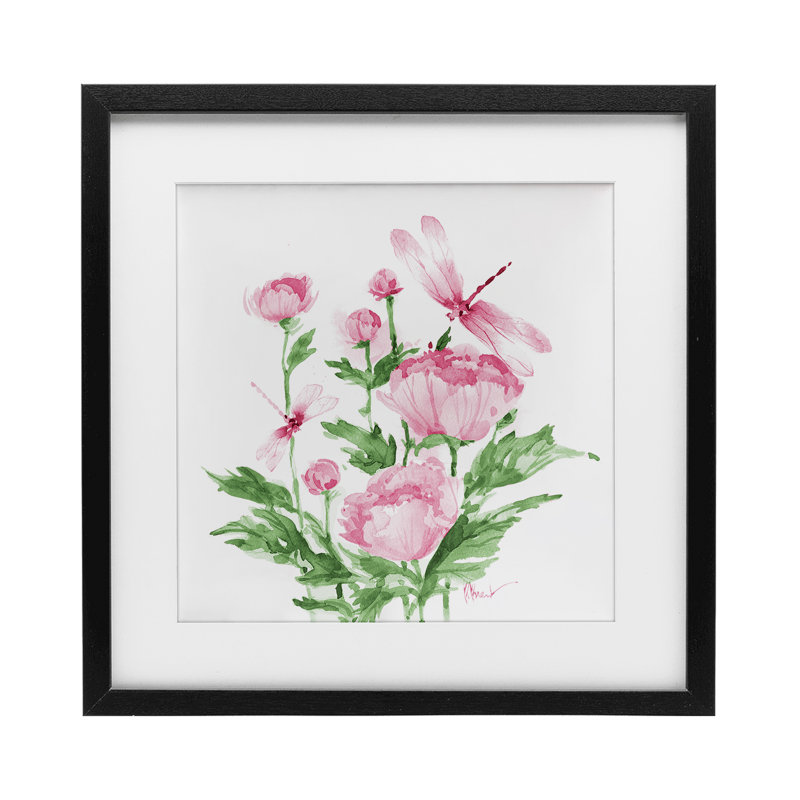 Pivoines de la province et libellule, reproduction sous verre, conception de Paul Brent, H 13 po x l 13 po, Cadre noir minuit