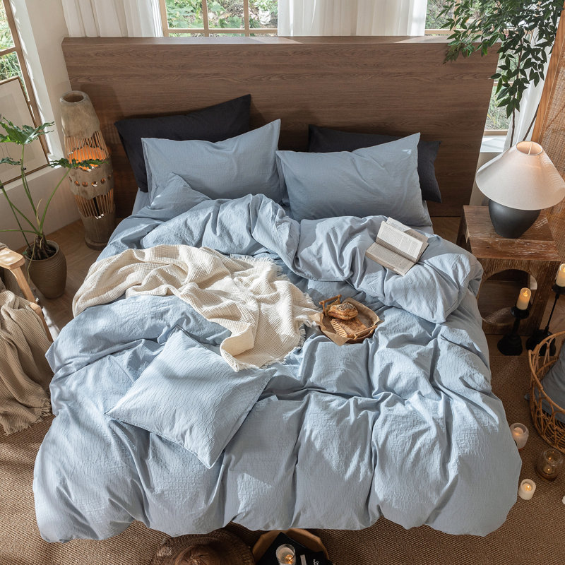 MooMee Wavy Striped Duvet Cover Set 100% Washed Cotton Linen Like Textured Breathable Lightweight, Cornflower Blue