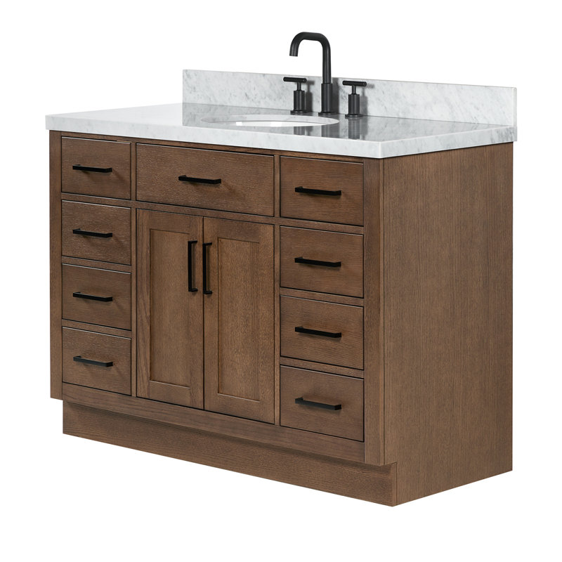 Meuble-lavabo simple en bois massif 48 po avec lavabo en marbre de Carrare 1,5 po Tidworth, Forme rectangulaire, Chêne brun