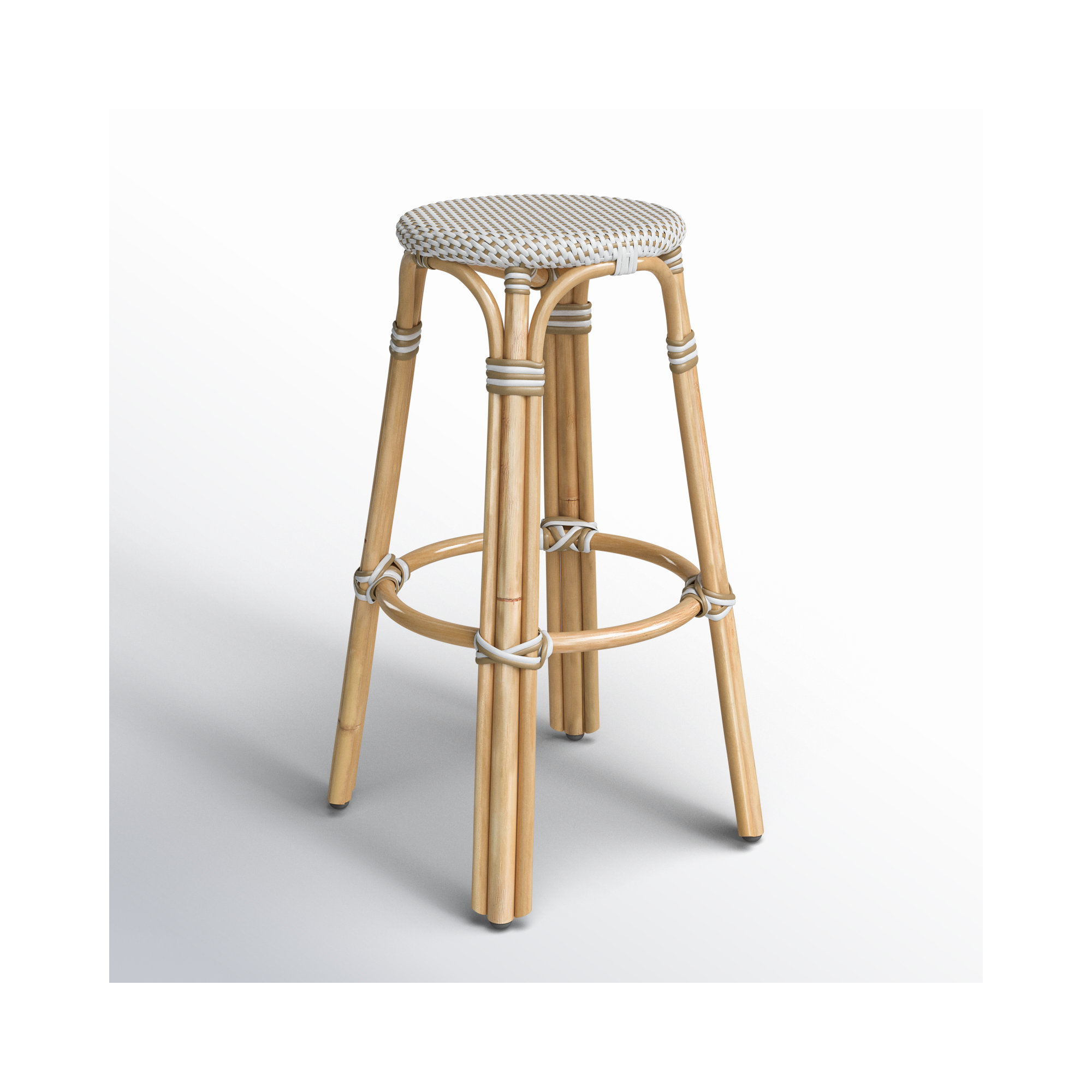 Alastair Bar & Counter Stool, Bar Stool (30" Seat Height), White/Tan Dot/Natural Rattan Frame