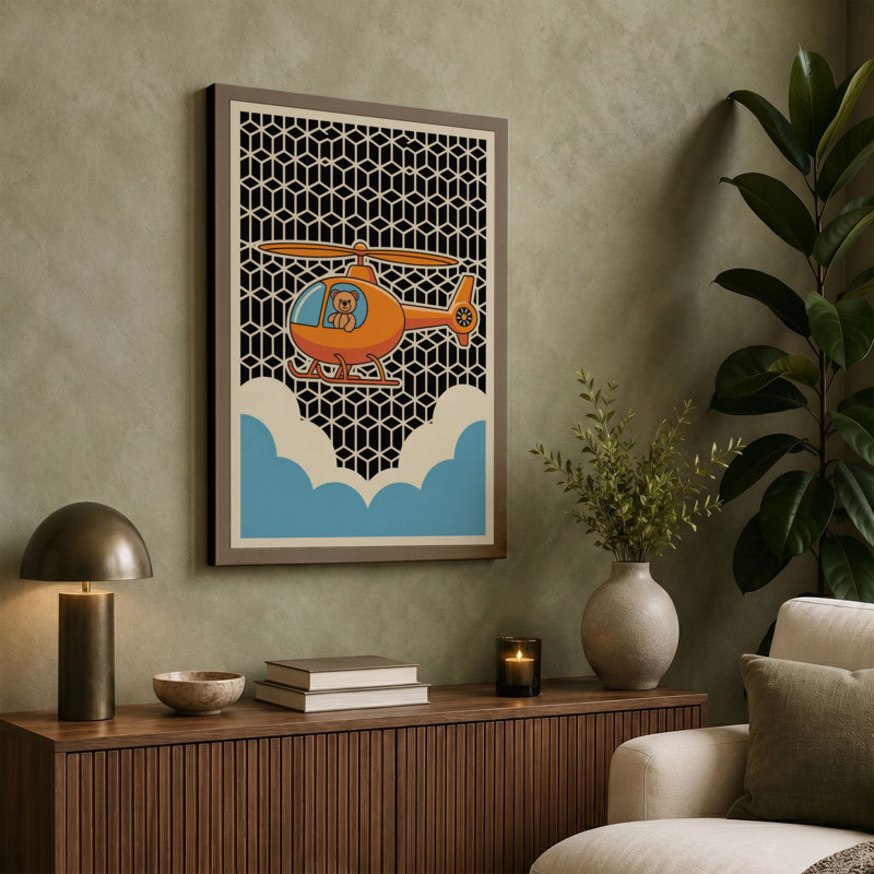 Orange Helicopter Mid-Century 1 Piece Wrapped Canvas Wall Art, 30x20 - 76.2 x 50.8 cm, Terracotta Border