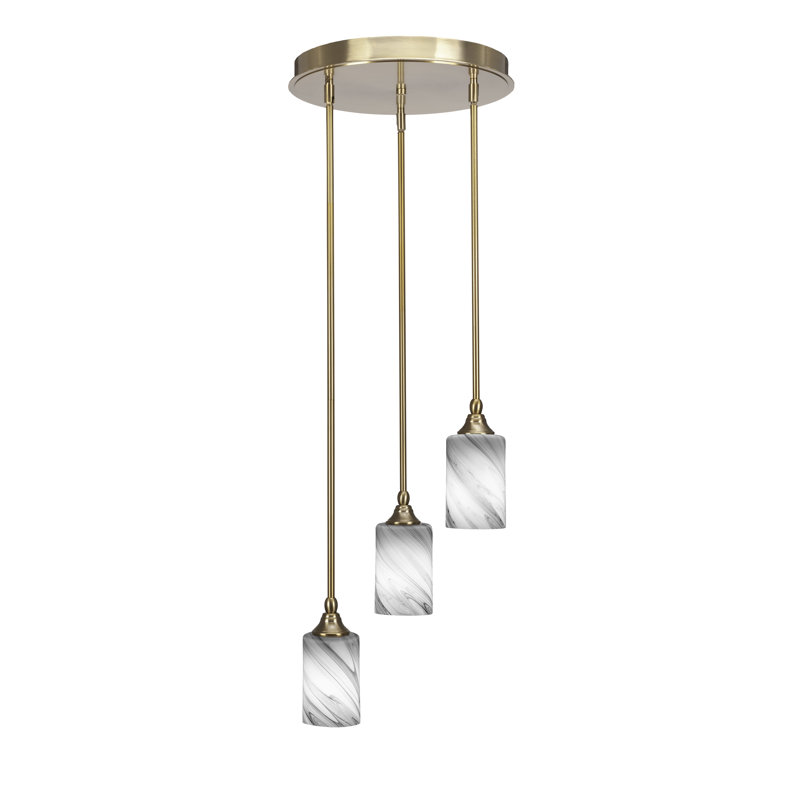 Verla 3 Light Stem Hung Cluster Pendalier With 4" Onyx Swirl Glass, New Age Brass