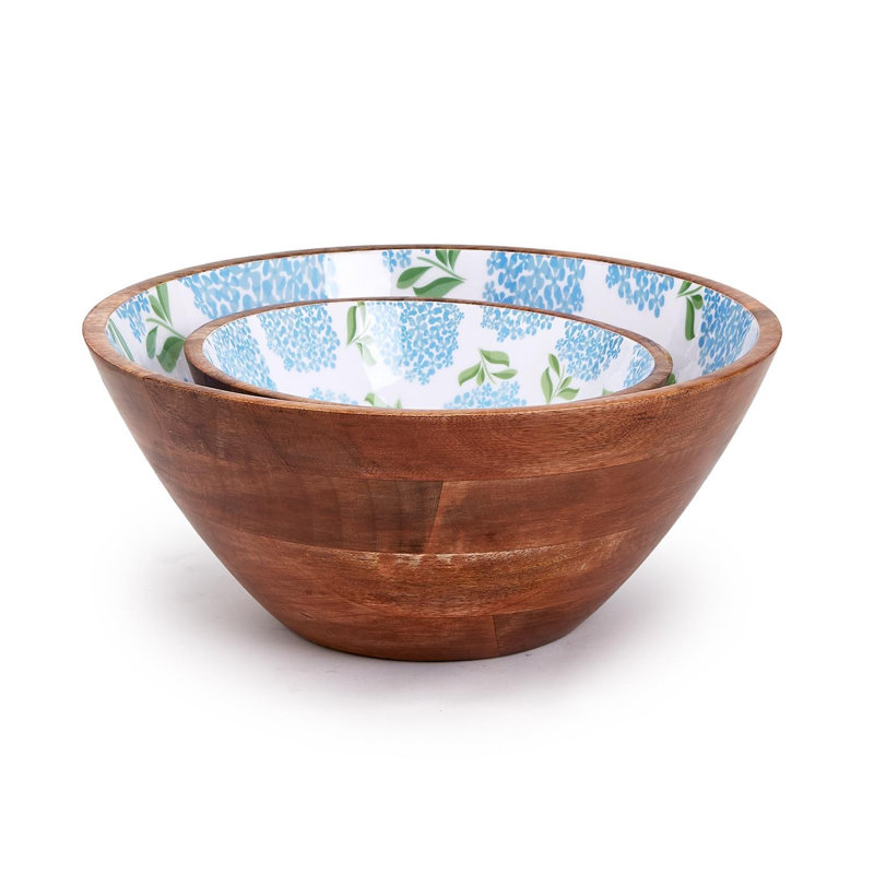Ensemble de 2 bols d'hortensia en bois de manguier bleu faits à la main - H 6,5 po