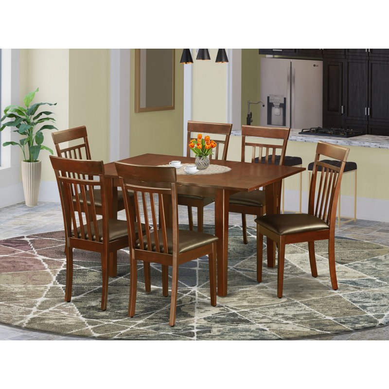 7 Piece Dining Set Consist of a Rectangle Dining Table with Butterfly Leaf and 6 Faux Leather Kitchen Room Chairs, Mahogany