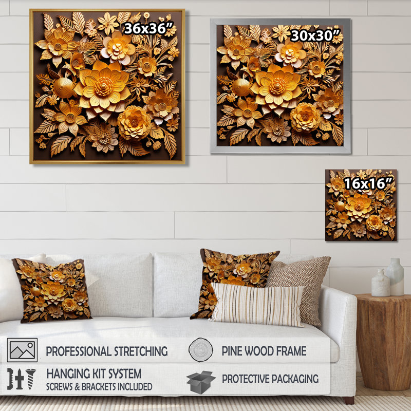 Fleur de lotus ornementale orange et or - Art mural floral moderne, Toile avec cadre flottant noir