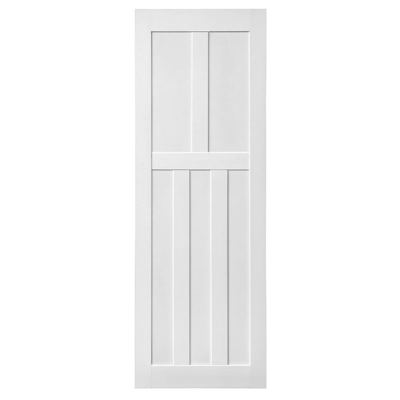 Cinq panneaux de porte apprêtés réels + quincaillerie de porte de grange de 6,6 pi + guide de plancher réglable + poignée à tirer, porte à panneaux bricolage sans finition, porte de grange intérieure moderne, résistante à l'humidité