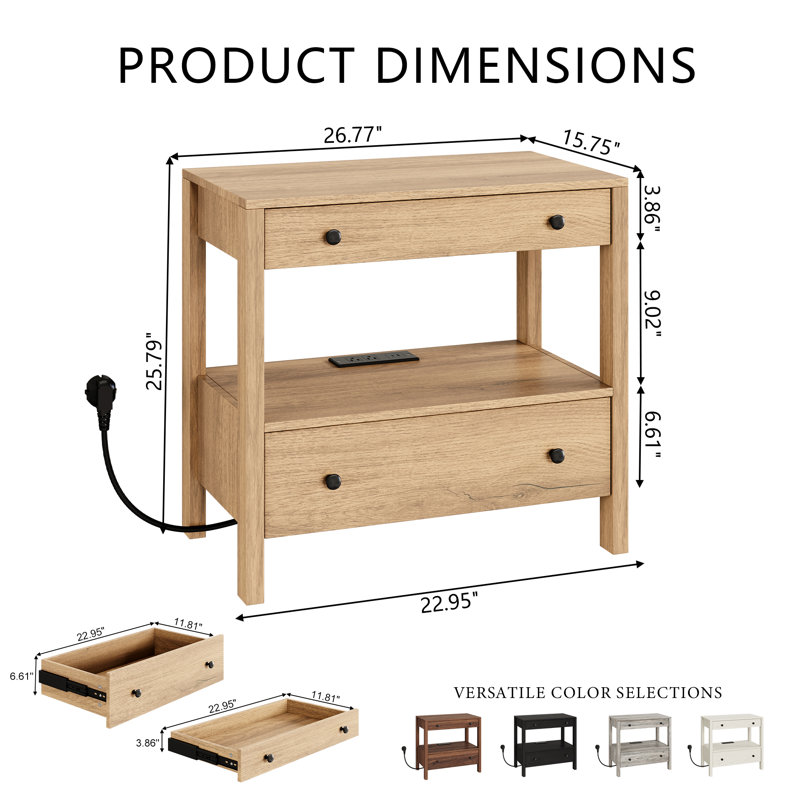 Nightstand with Charging Station, Wood Storage End Table with 2 Drawers & Open Shelf, Modern Bedside Table with USB & Type-C Ports for Bedroom, Living Room, Weathered Timber