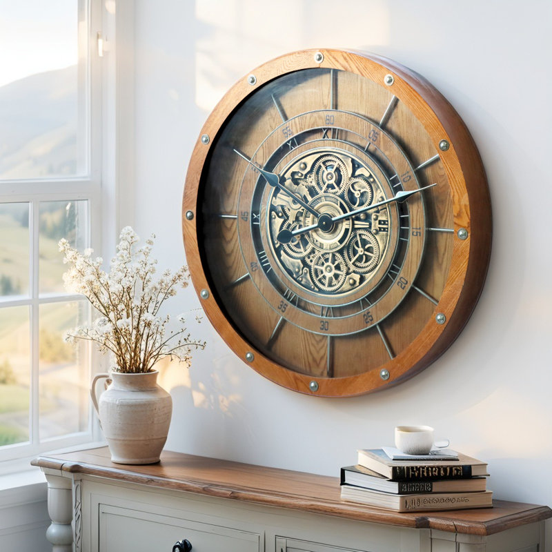 THE GEARS CLOCK Wall Clock with Real Moving Gears FR-LI_ 32 in Round, Vintage Brown