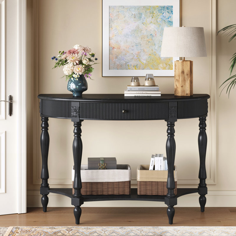 Console demi-lune avec tiroir et tablette, Black, Black, Black