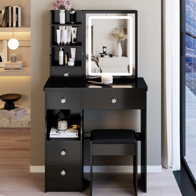 Table de coiffeuse 29,2 po avec tiroir de gauche, miroir tricolore à DEL tactile, tabouret rembourré, rangement grande capacité pour les espaces compacts, tiroir noir et miroir à luminosité réglable, petit