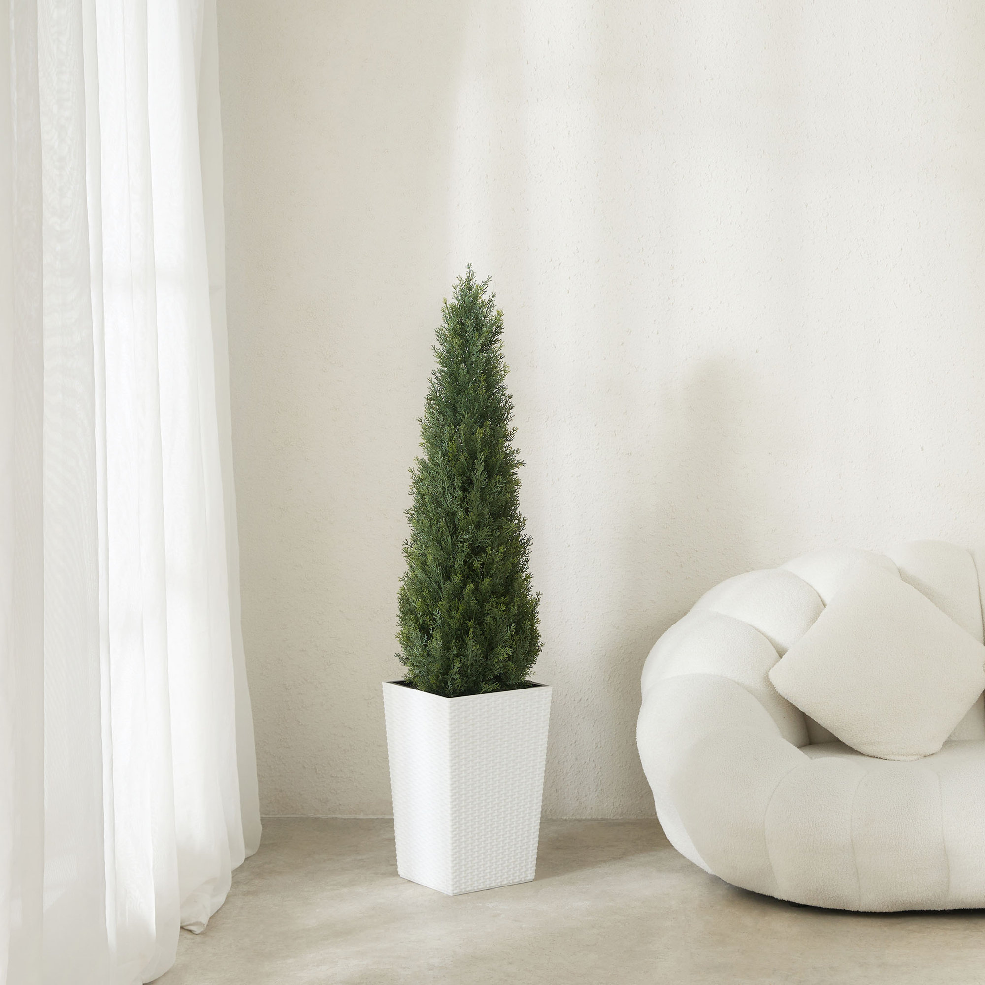 Faux Cedar Topiary Tree 4FT - UV Resistant Fake Cypress Tree with Big Planter and Decorative Plants, 1, White