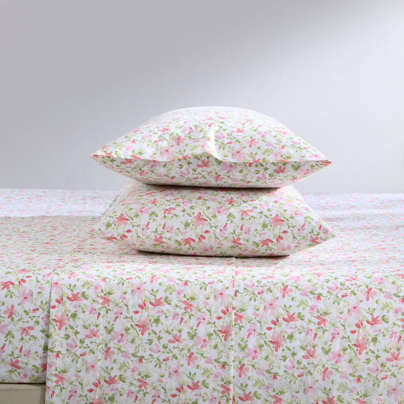 Norella Pink Twin Cotton Percale Floral Sheet Set