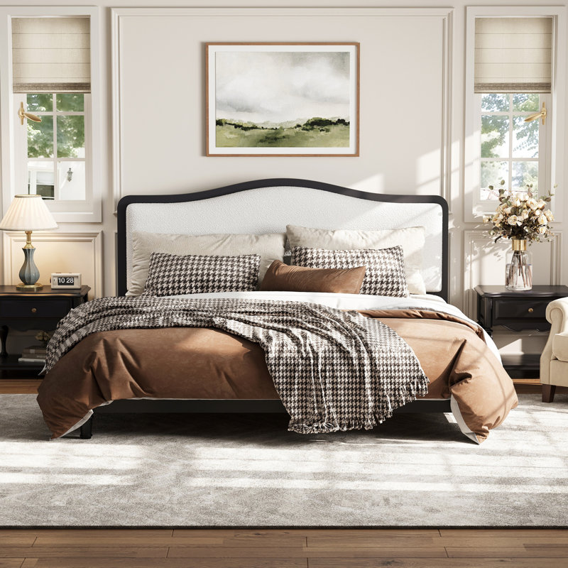 Grand lit plateforme avec tête de lit tapissier, structure noire et tissu, Noir, Grand lit
