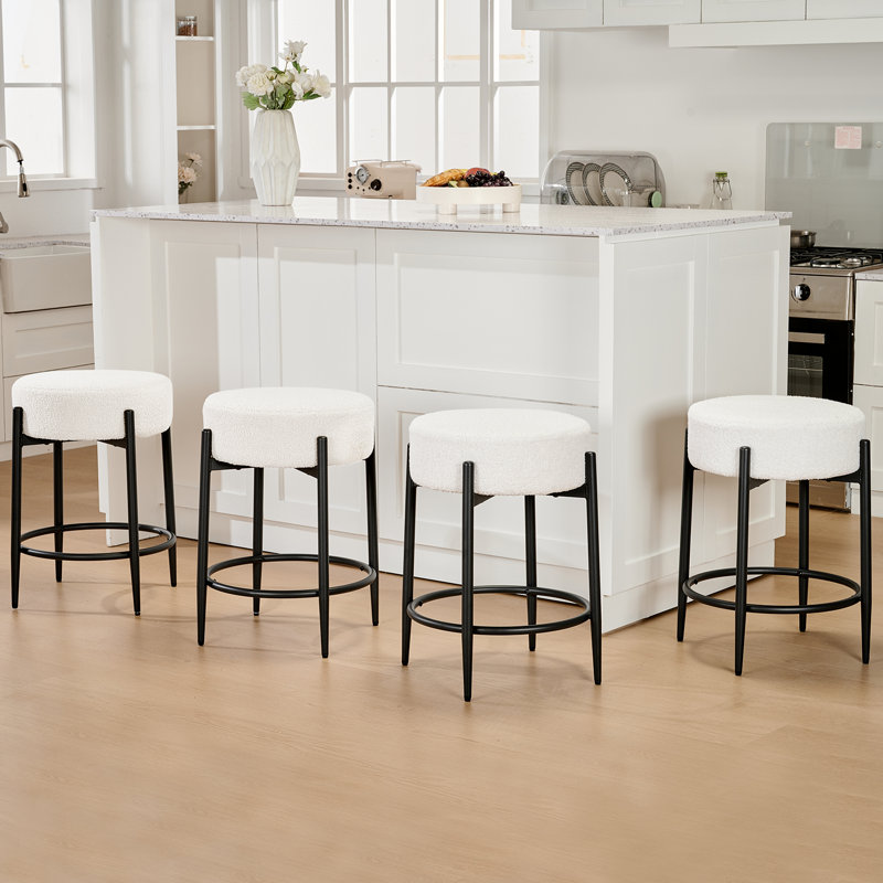 Modern Dining Chair Set, 23.6" Counter Height Stools with Round Soft Padded Boucle Backless Seat, White