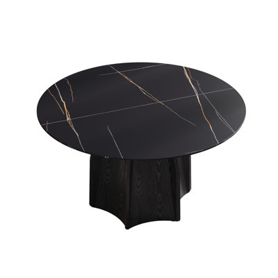 53" Round Dining Table In Black, Solid Oak Wood Base With Sintered Stone Top, Seats 6, Modern Room Table, To Stains And Burns Black Base, Surface For Fixture, Scratch & Easy Wipe Clean