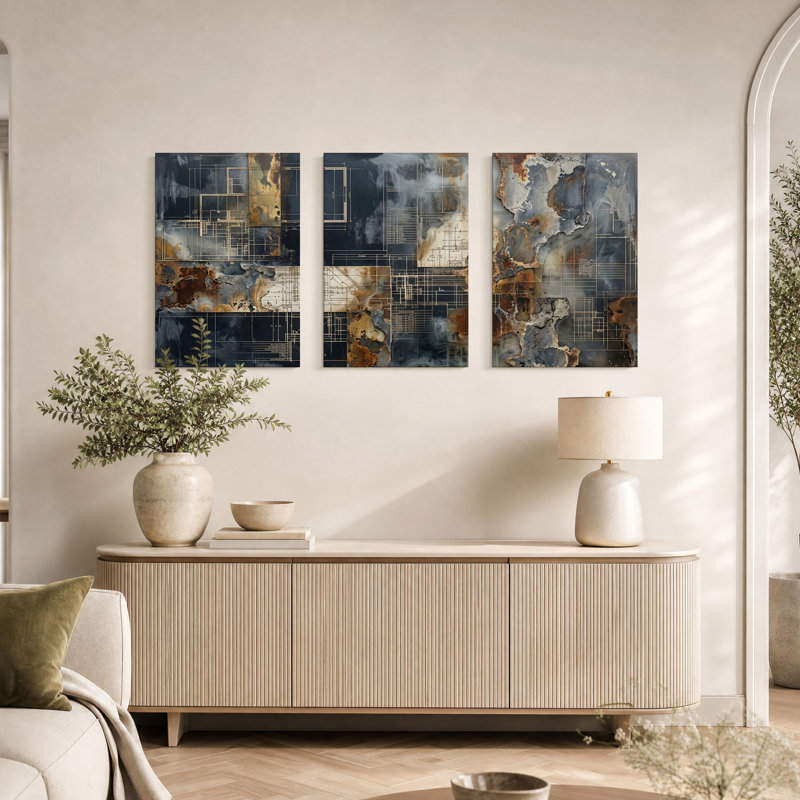 Ensemble de 3 toiles murales reprenant des plans architecturaux tachés de rouille, H 24 po x l 16 po x 3 pièces