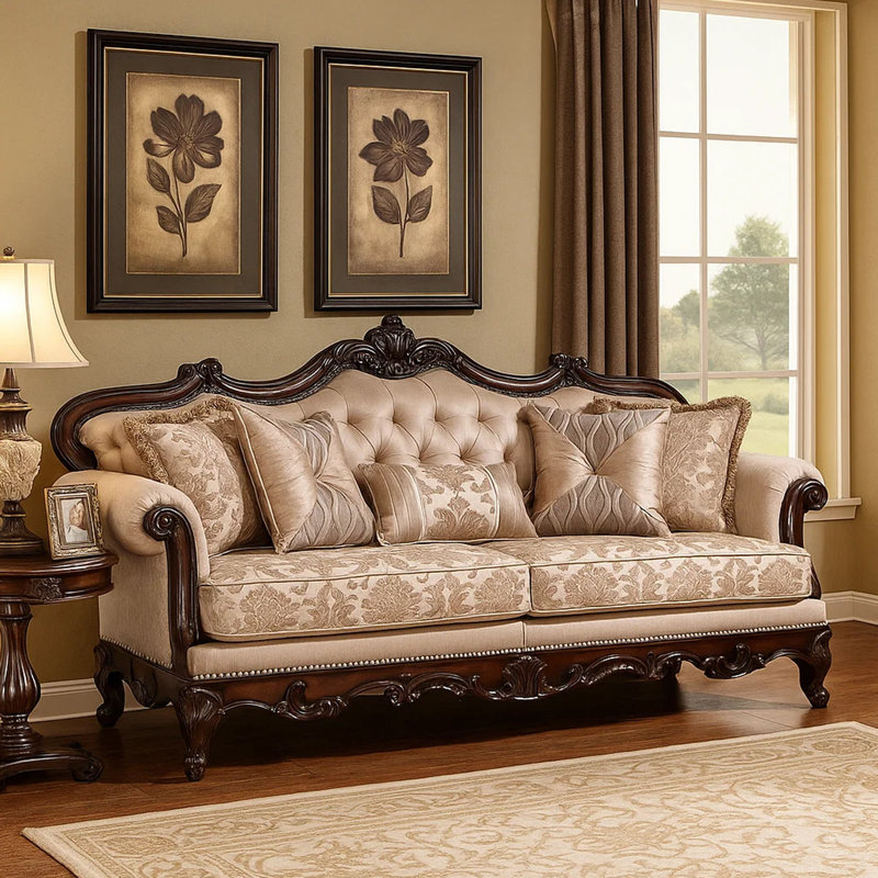 Vera 90 Inch Sofa, Button Tufted, Rolled Arms, Solid Wood, Brown