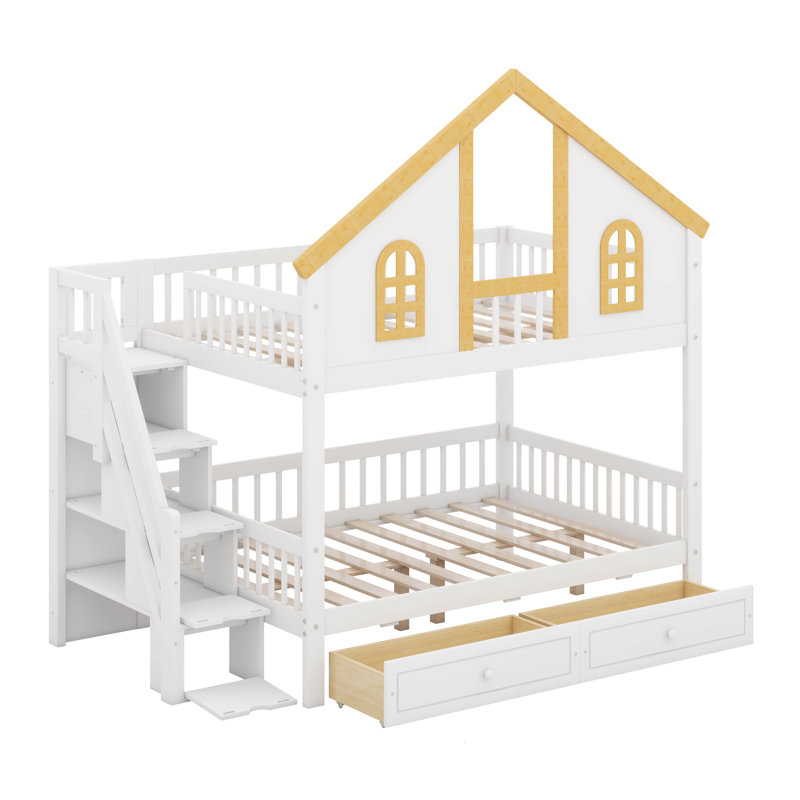 Lit superposé en bois avec escalier et tiroirs Designs, lit superposé avec fenêtre et toit Designs, Lit double