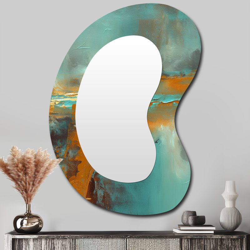 Teal Balance I - Abstract Metal Art Decor - Asymmetrical Modern Wall Mirror, 39" x 28"