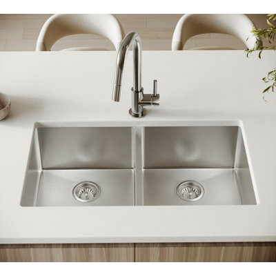 Cantrio KSS-3218-1-DBL 32 inch 18-Gauge 304 Stainless Steel Undermount Double Kitchen Sink